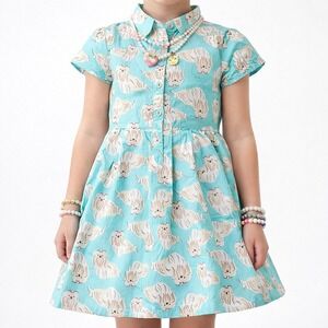 Carter's Girls Dog Print Dress Blue Shih Tzu Puppy Button Front Size‎ 6  Casual